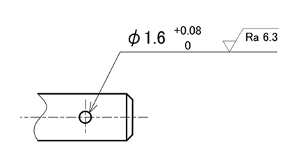 1.6mmのスプリングピンを挿入する穴の寸法公差記入例