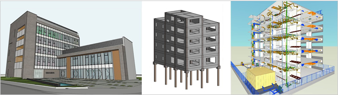 建築（ArchiCAD）-構造（Revit）-設備（Rebro）、三つのモデルを表した画像