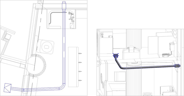 出来上がったダクトを平面図と3Dで表示した図
