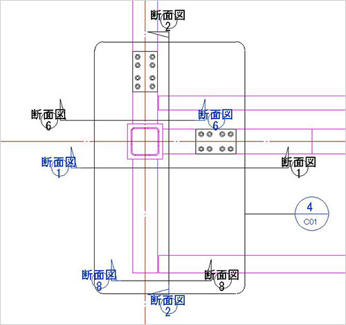 2階梁レベルに配置された五つの断面