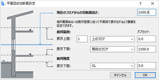 「1F見上図」の「平面図の切断面設定」