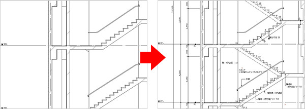 BIMモデルの断面(左)とモデルに2D要素を加筆して仕上げた図面(右)