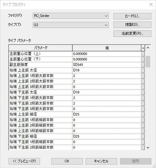 梁のタイプ プロパティに登録された鉄筋の情報