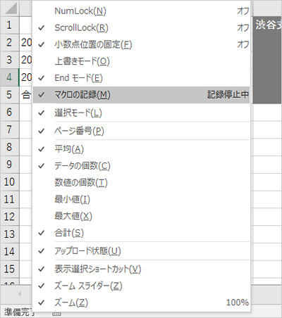 「マクロの記録」にチェックを入れた画面