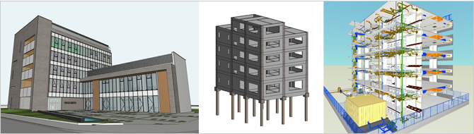 建築(ArchiCAD)-構造(Revit)-設備(Rebro)、三つのモデルを表した画像